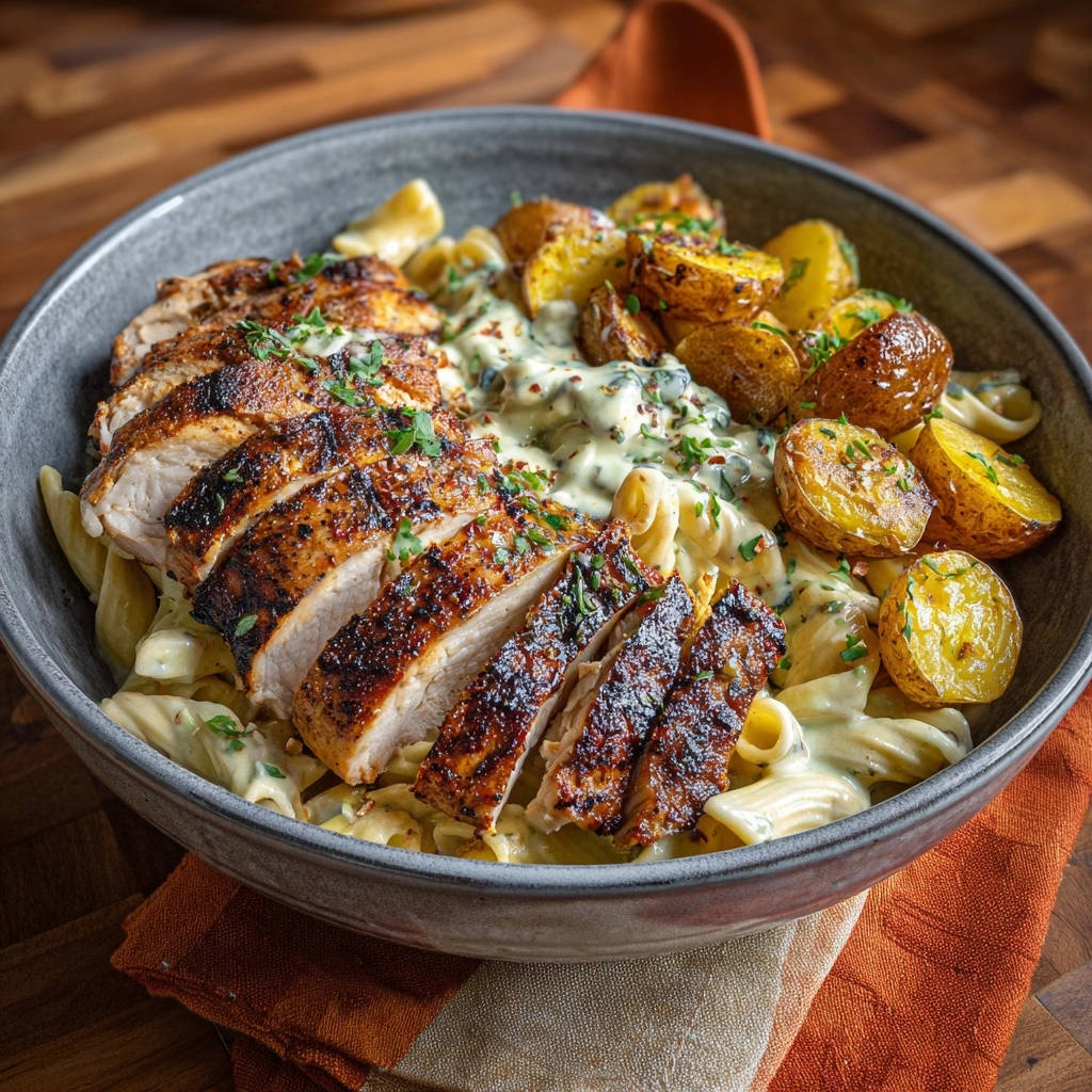 Creamy herb chicken pasta bowl with sliced chicken breast and roasted potatoes, a close-up view.