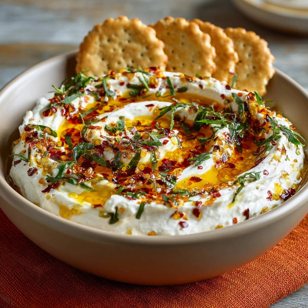 Creamy herb & chili whipped feta is shown here in a close-up with a vibrant garnish of herbs and chili flakes.