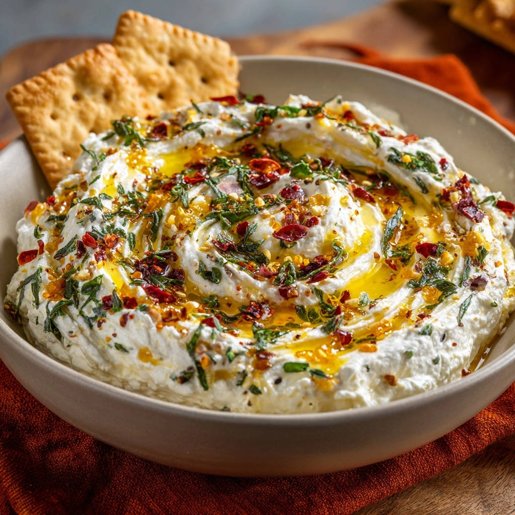 Creamy herb & chili whipped feta presented in a bowl, generously drizzled with olive oil and sprinkled with chili flakes and herbs.
