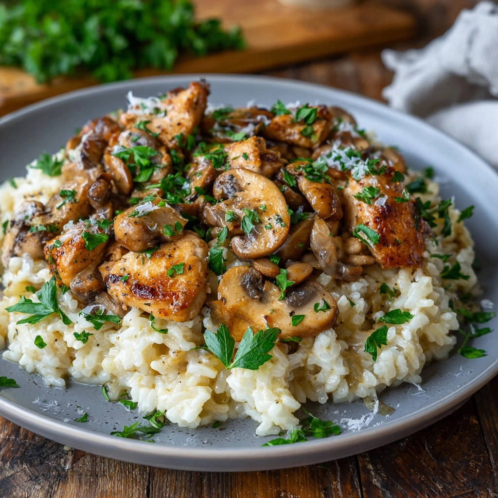 Creamy mushroom and seared chicken risotto served on a grey plate, garnished with parsley and cheese.