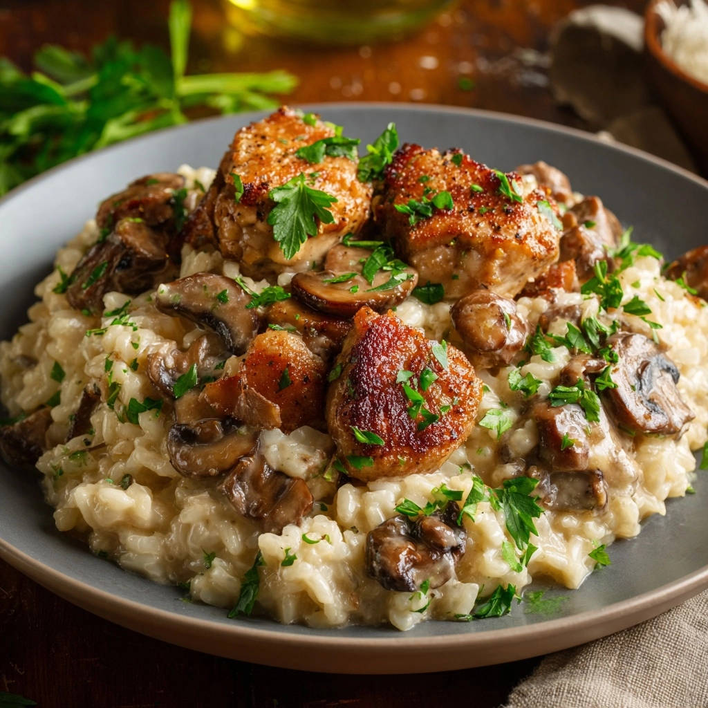 Creamy mushroom and seared chicken risotto plated with fresh parsley garnish, showing a close-up view.