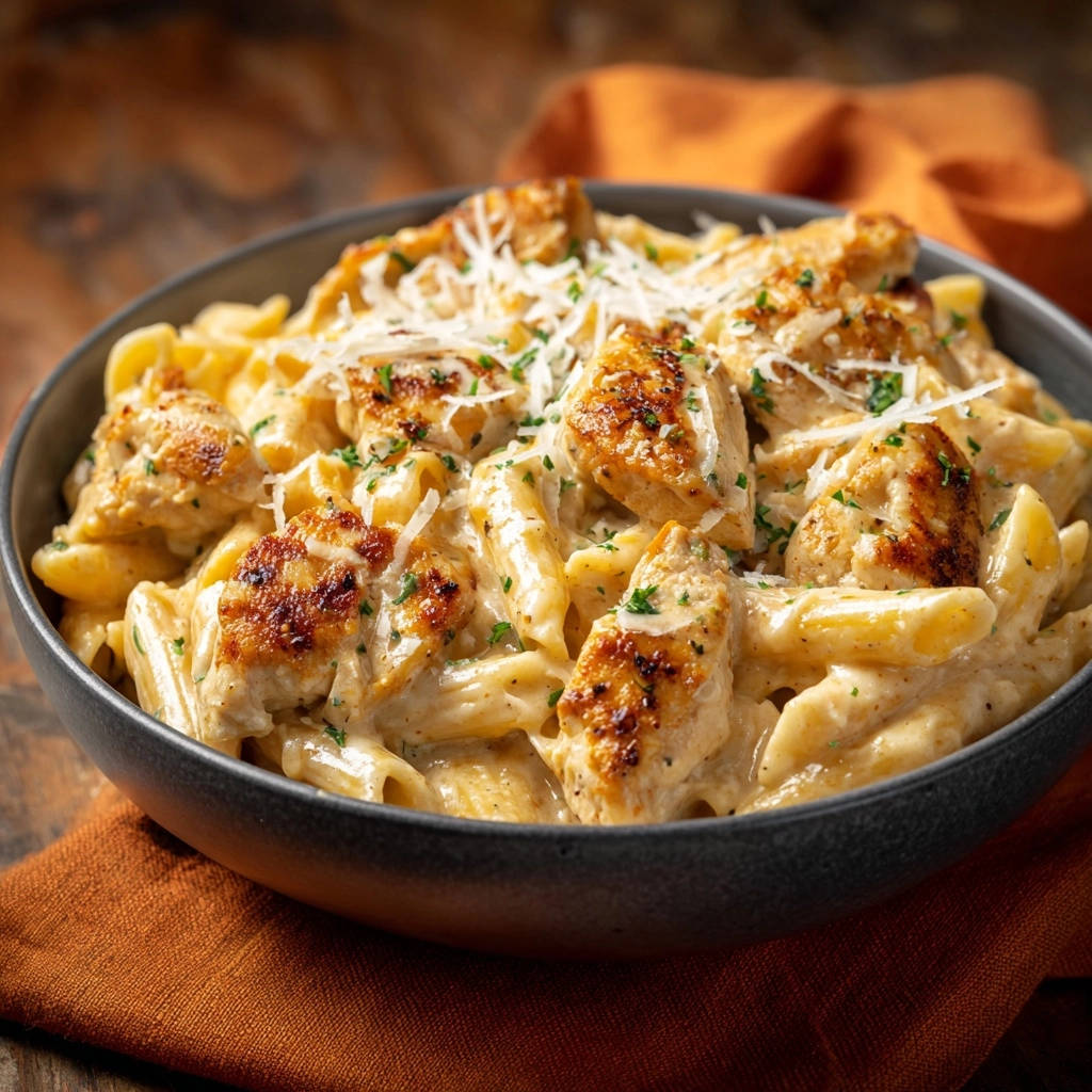 Creamy penne with seared chicken in a bowl, showcasing tender chicken pieces and rich sauce, topped with grated cheese and parsley.