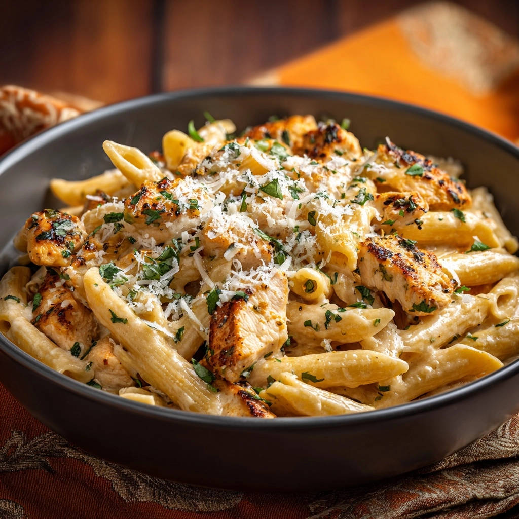 Creamy penne with seared chicken shown in a close-up view of a dark bowl, generously garnished.