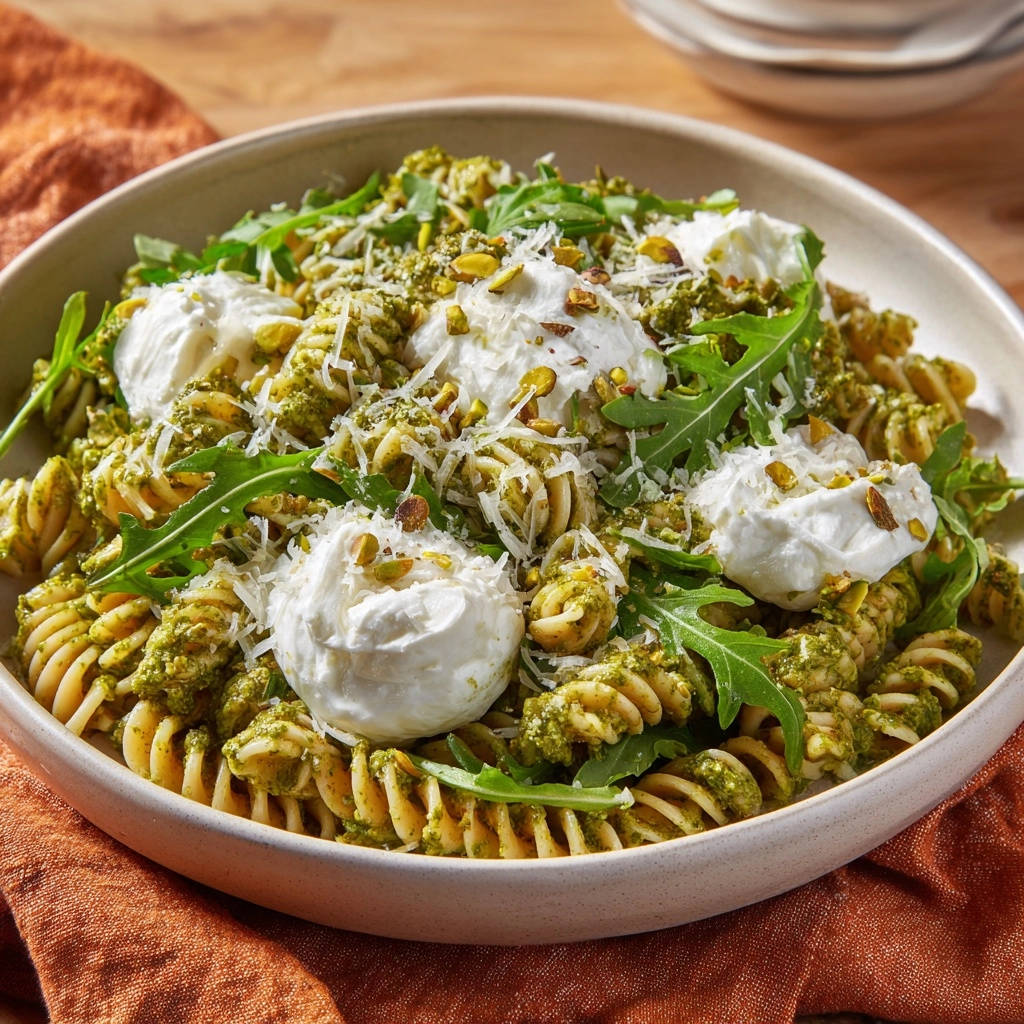 Creamy pesto fusilli with burrata and pistachios served in a close-up bowl, garnished with arugula.