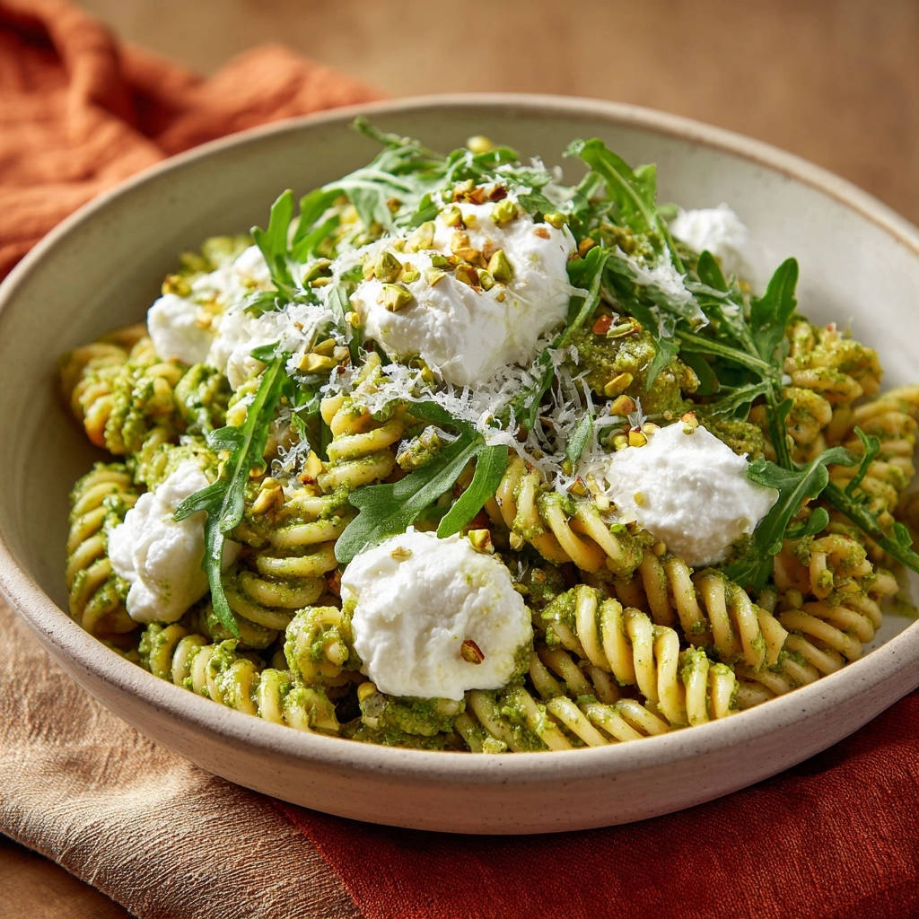 Creamy pesto fusilli with burrata, garnished with fresh arugula and chopped pistachios, showcasing its vibrant green sauce.