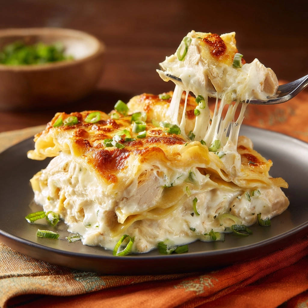 Creamy white chicken lasagna with a fork pulling up a cheesy, gooey slice, garnished with green onions.