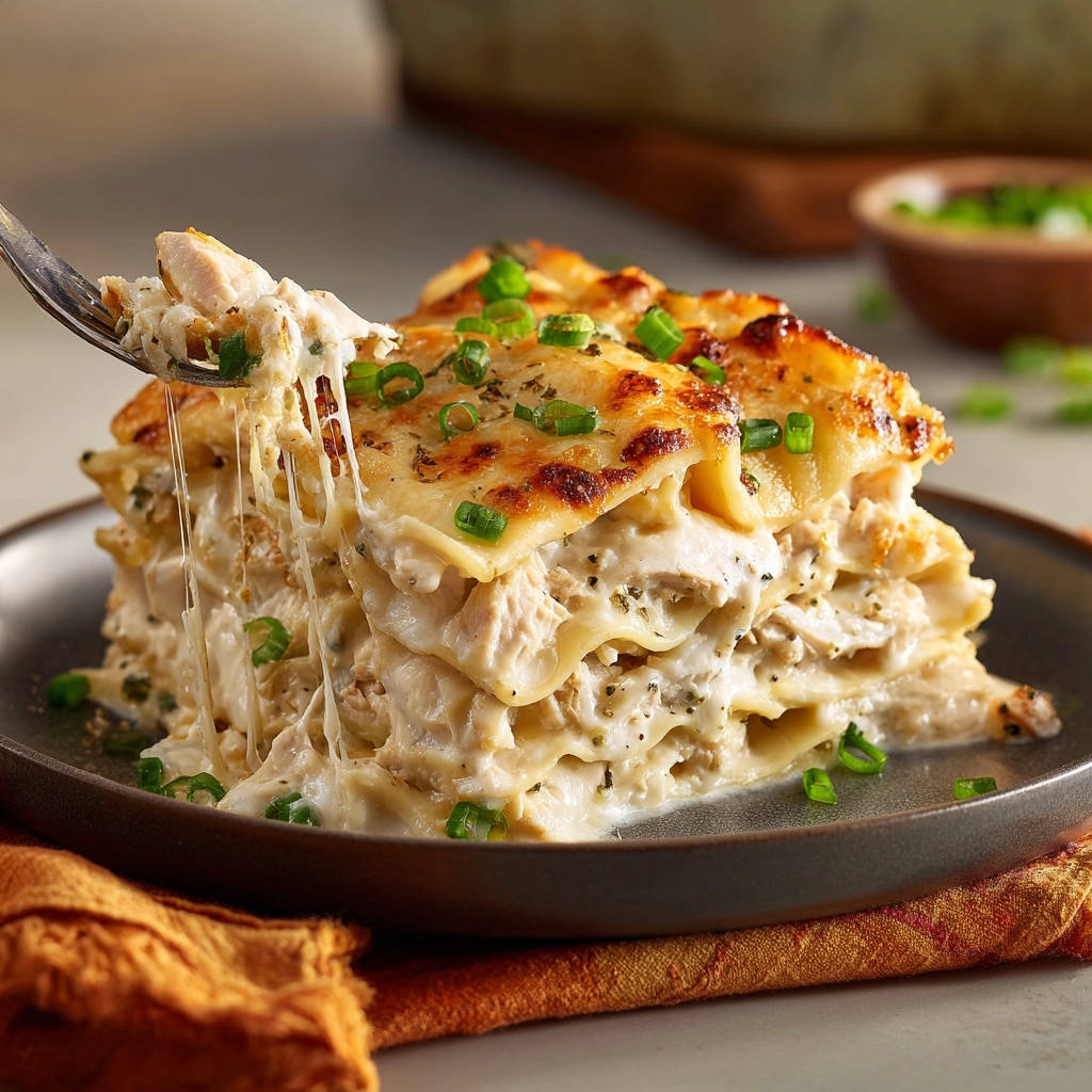 Creamy white chicken lasagna, a fork lifting a cheesy slice showing layers and melted cheese.