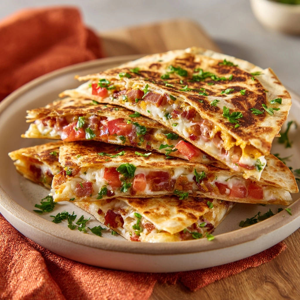 Crispy cheesy pepper quesadillas with a close-up cross-section showing melted cheese, bacon, and tomatoes.