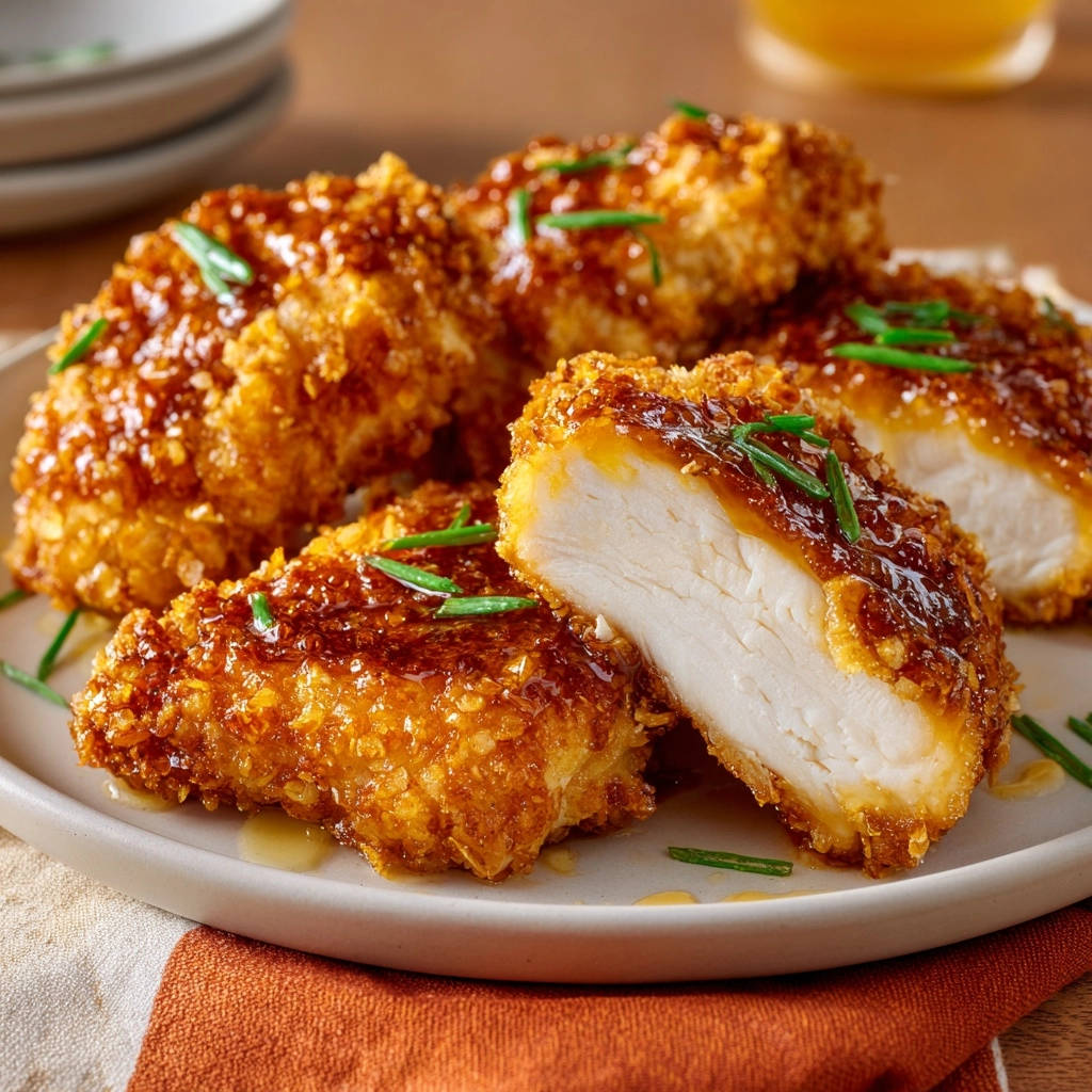 Crispy chicken cutlets with glaze, shown in a close-up cross-section revealing the tender interior and golden-brown coating.