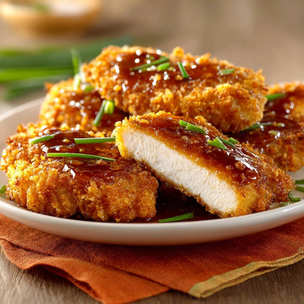 Crispy chicken cutlets with glaze shown in a close-up cross-section, revealing a tender interior and a glossy sauce.