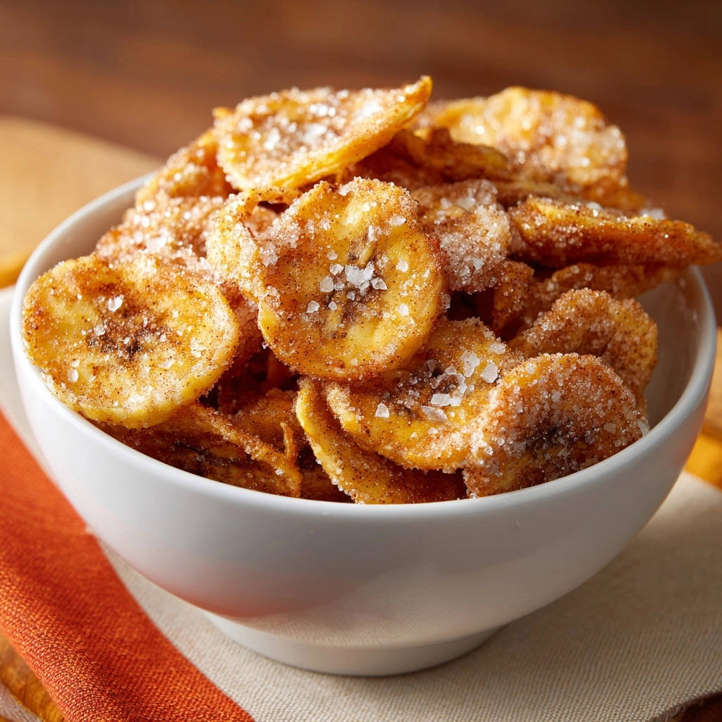 Crispy cinnamon sugar banana chips piled high in a white bowl, showcasing a detailed close-up of their textured surface.