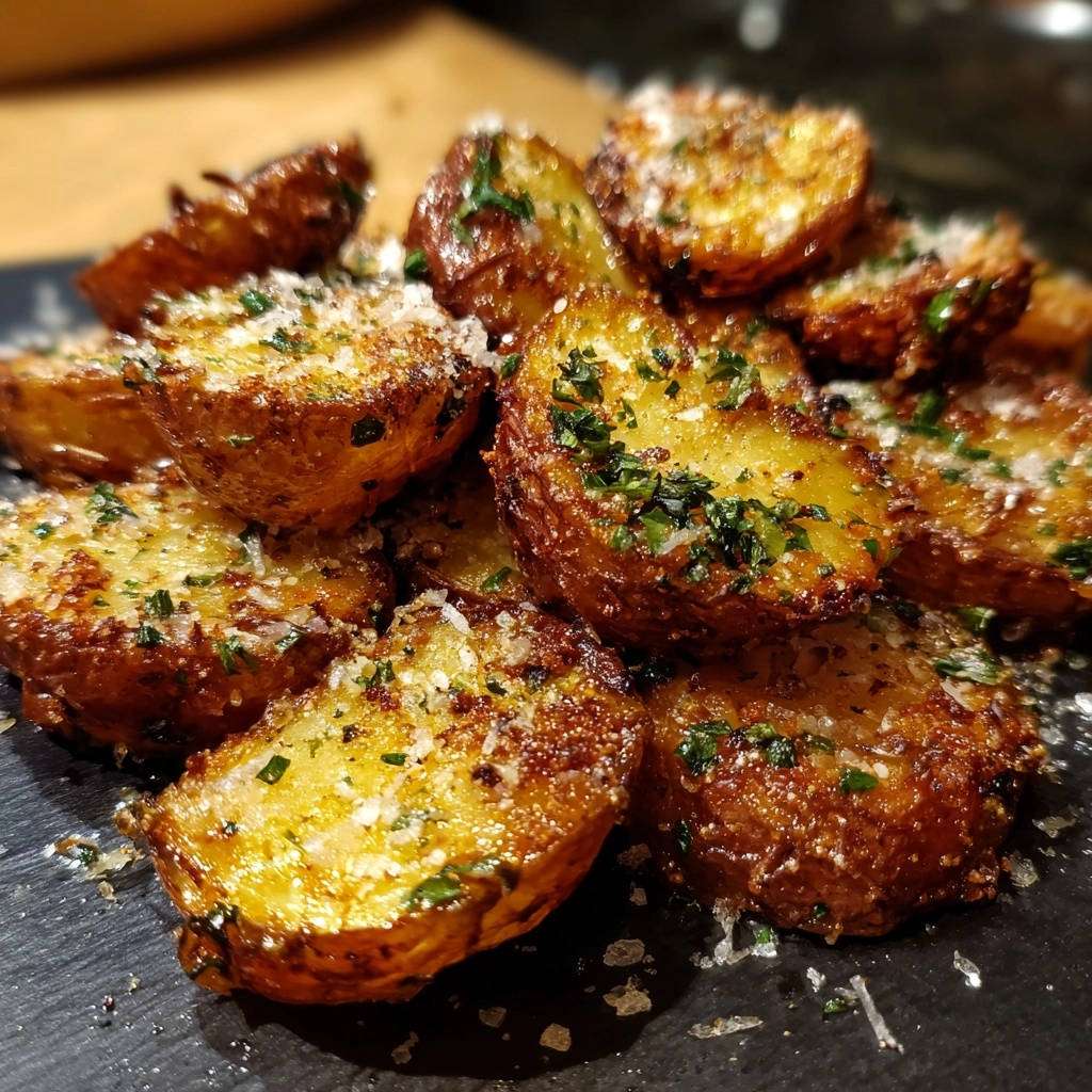 Crispy garlic herb roasted potatoes shown in a close-up view highlighting their golden-brown texture and fresh herb garnish.