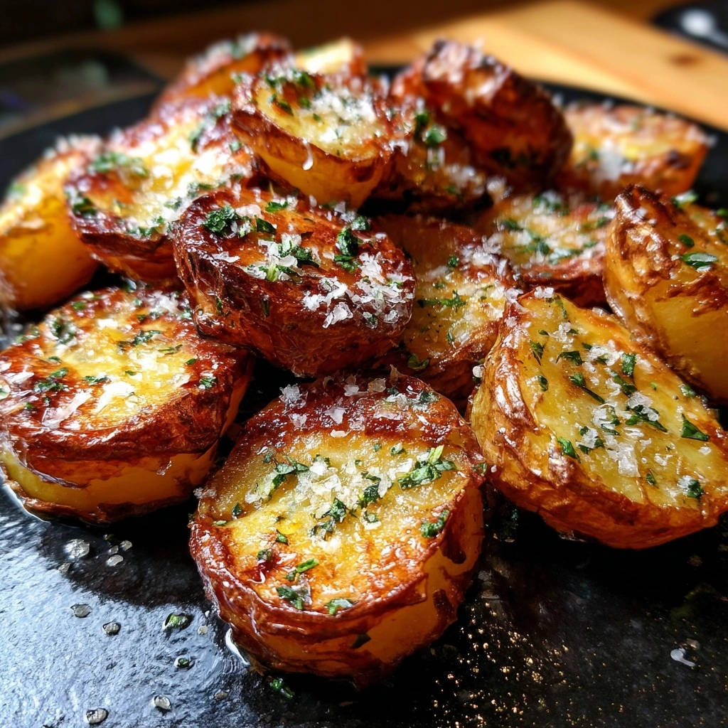 Crispy garlic herb roasted potatoes with visible salt crystals and chopped parsley, showing their golden-brown texture.