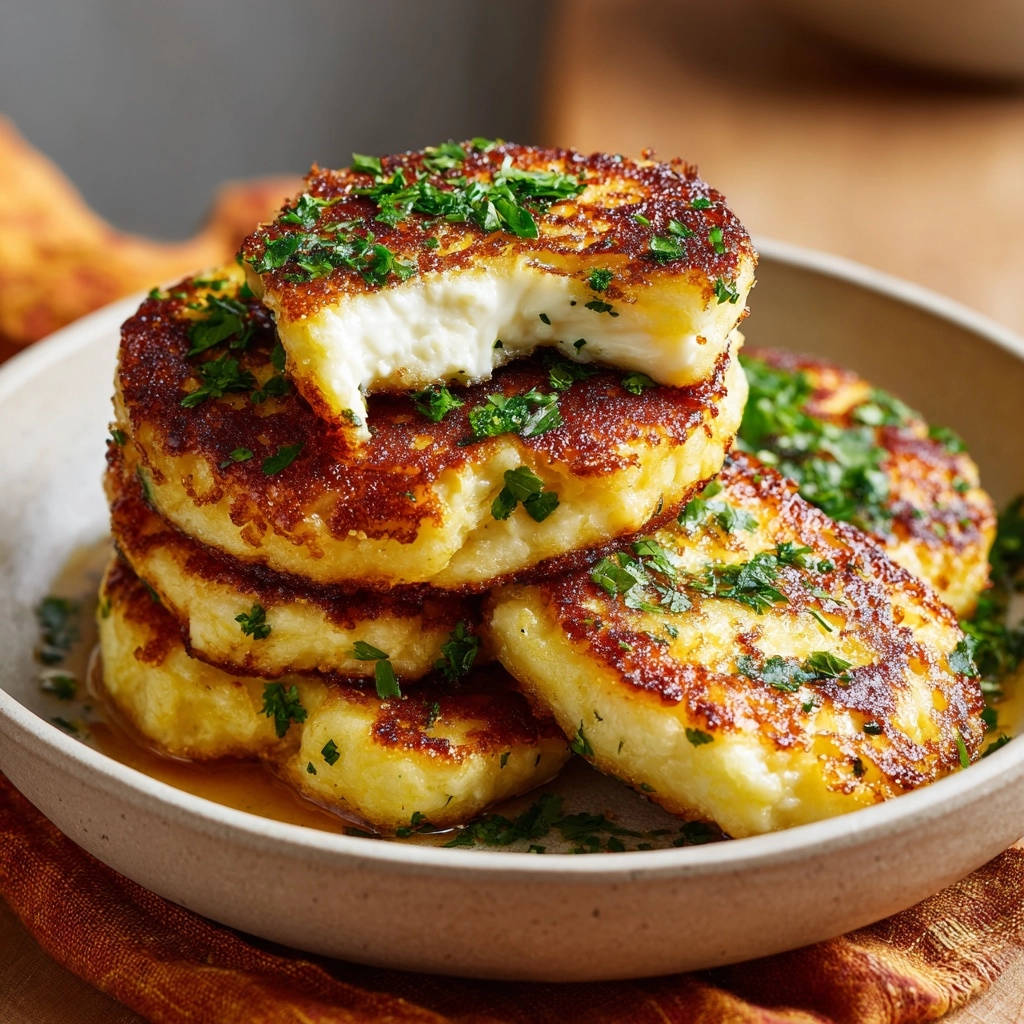 Crispy golden cheese patties with a close-up cross-section revealing a soft, white interior and fresh parsley garnish.