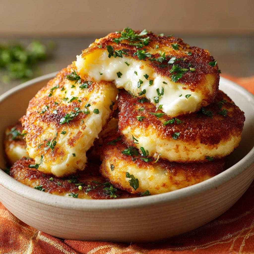 Crispy golden cheese patties with a close-up view of the oozing, melted cheese interior, garnished with parsley.