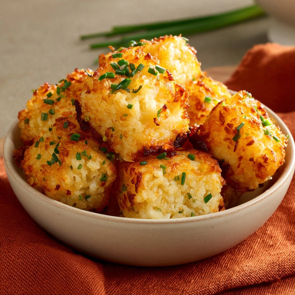Crispy golden rice squares with chives garnish piled high in a bowl, showcasing their golden-brown exterior.