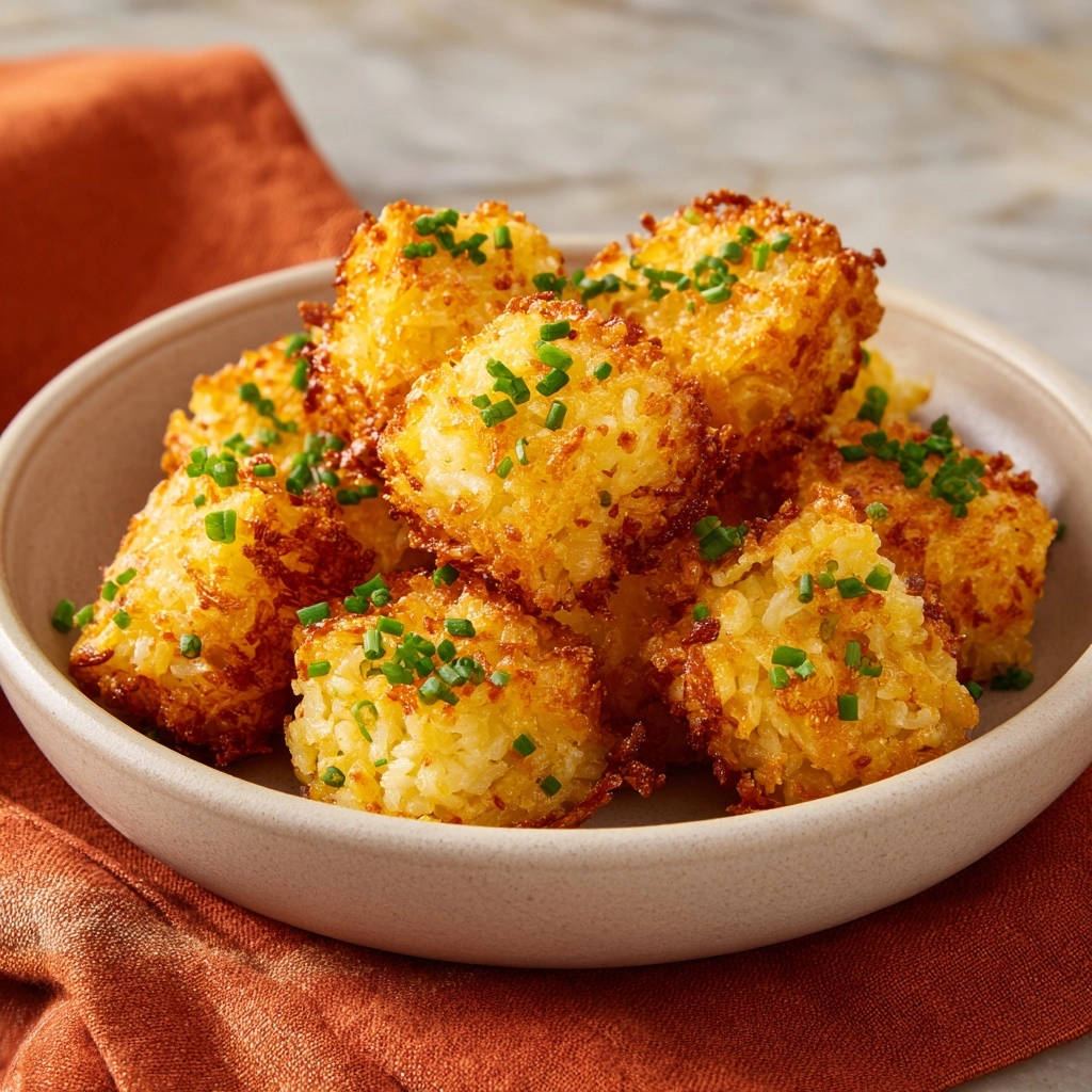 Crispy golden rice squares are presented in a bowl, generously sprinkled with fresh chives for a vibrant garnish.