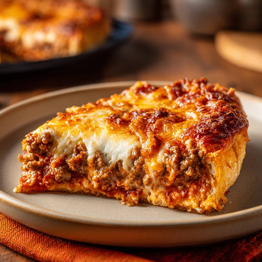 Hearty deep dish meat pie slice cross-section showing layers of rich filling and melted cheese on a plate.