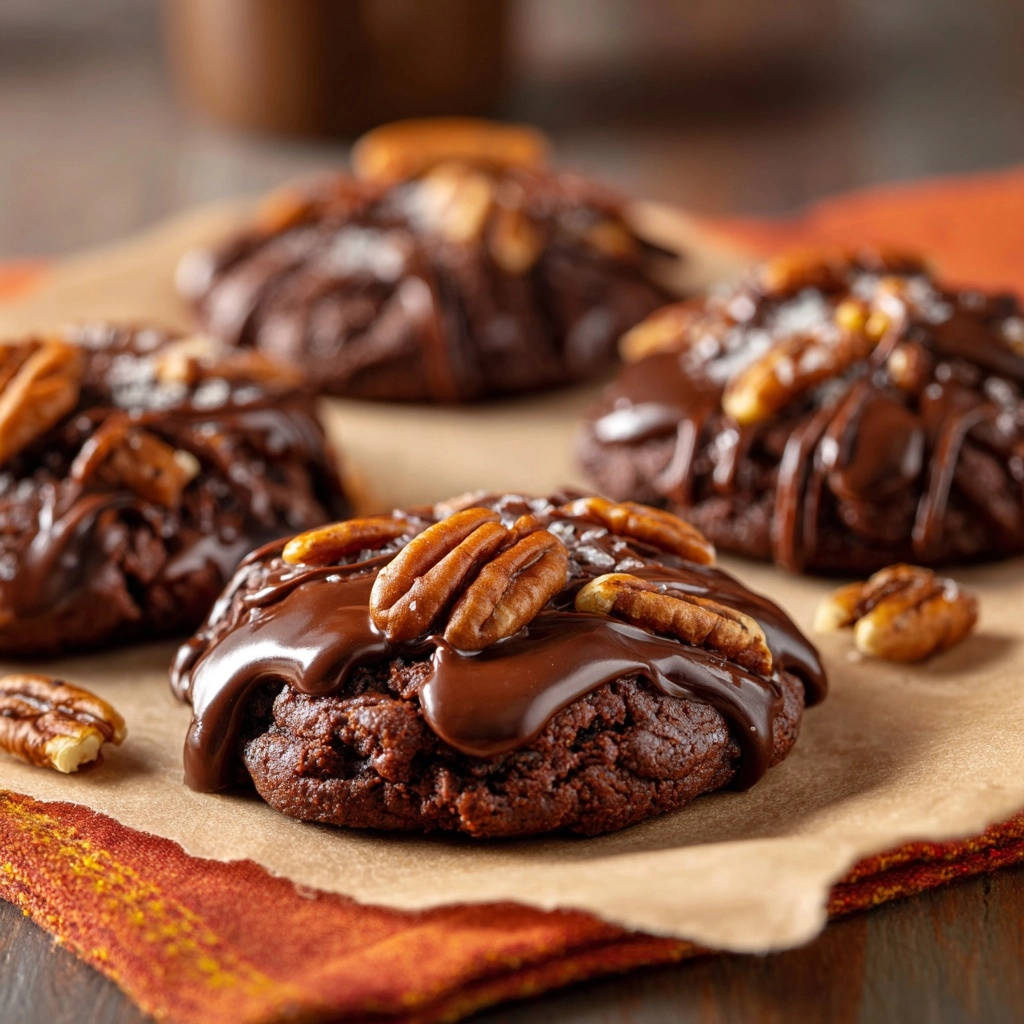 Double chocolate pecan cookies showing a close-up fudgy texture topped with melted chocolate and pecans.