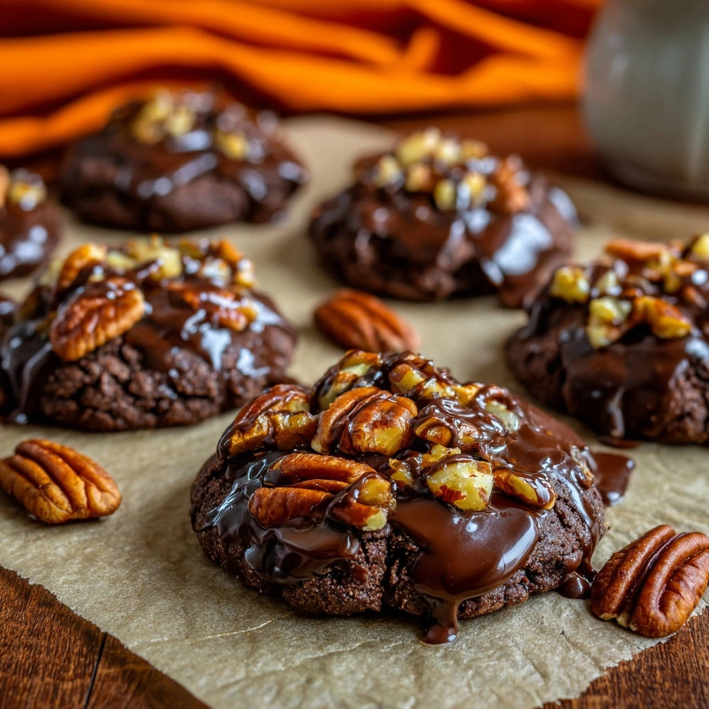 Double chocolate pecan cookies with a rich chocolate glaze and whole pecans, a close-up view.