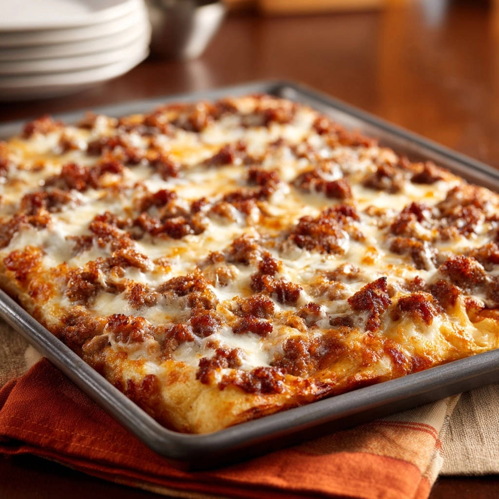 Easy sheet pan sausage pizza with melted cheese and browned sausage crumbles shown in a close-up view.