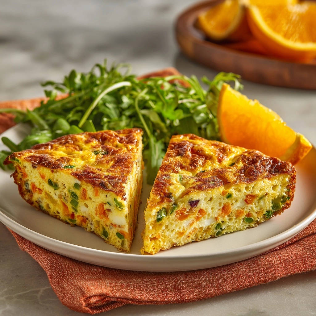 Easy veggie frittata shown as two triangular slices revealing the colorful vegetable interior.