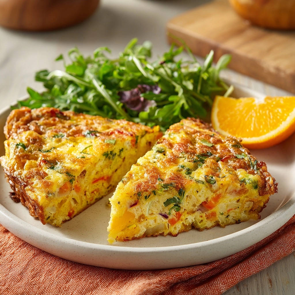 Easy veggie frittata, sliced and served on a plate with a side of greens and an orange slice.