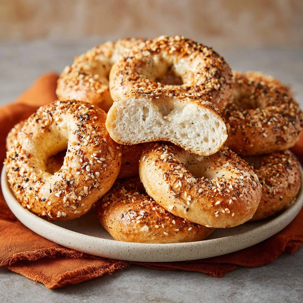 Everything bagels with a close-up cross-section showing the chewy interior texture.