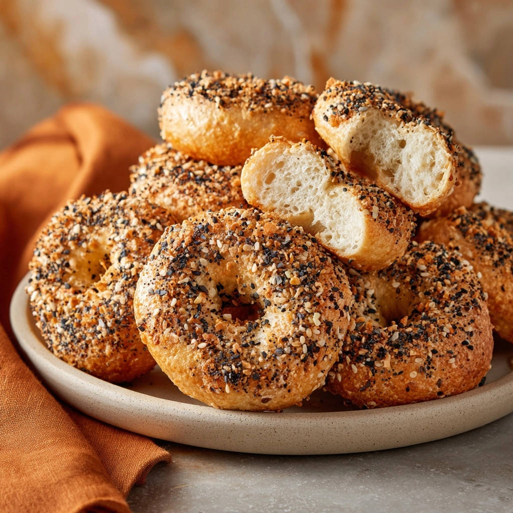 Everything bagels, piled high on a plate, with one bagel sliced open to reveal its chewy interior.
