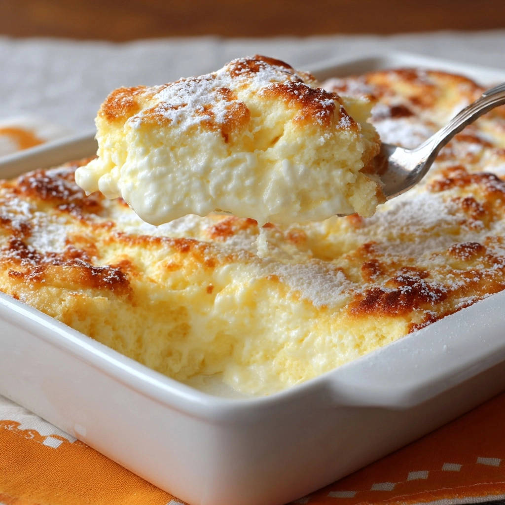 Fluffy baked lemon custard being scooped from a white dish, showing its airy texture and creamy interior.