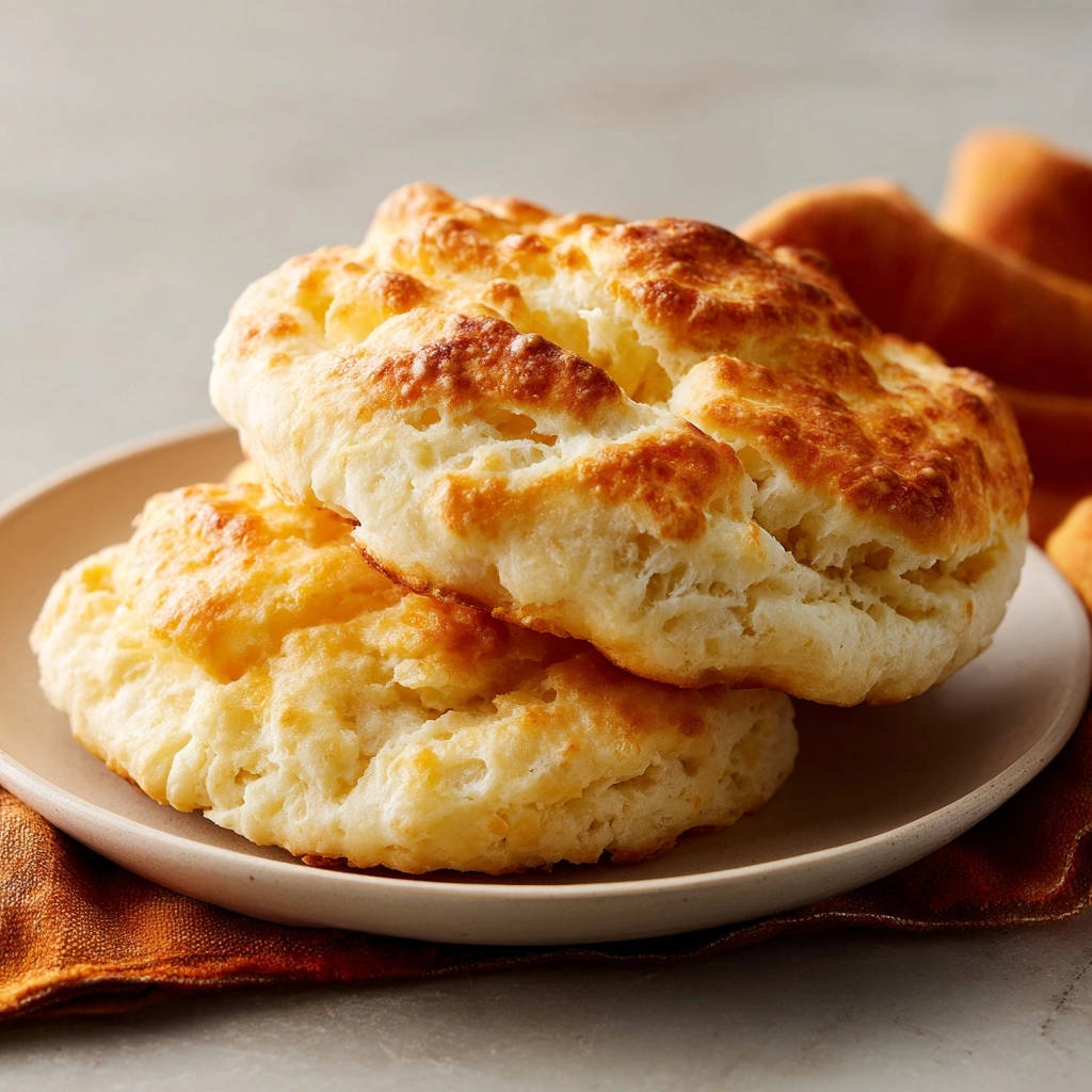 Fluffy biscuits stacked on a plate with a rustic napkin, showcasing their golden-brown tops.