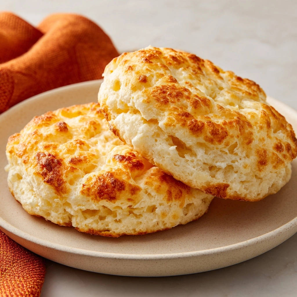 Fluffy biscuits, two golden-brown biscuits are stacked on a plate with an orange napkin in the background.