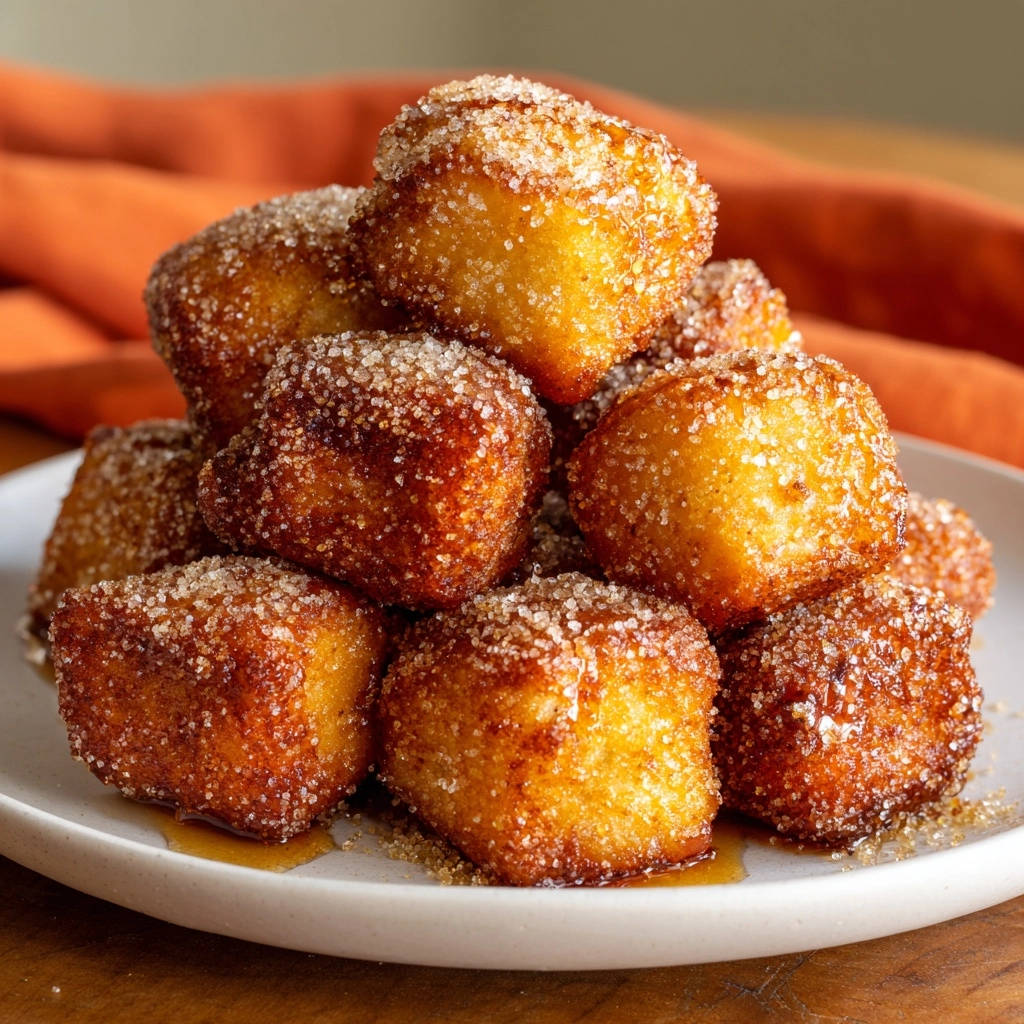 Fluffy fried dough bites piled high on a white plate, dusted with sugar and cinnamon.