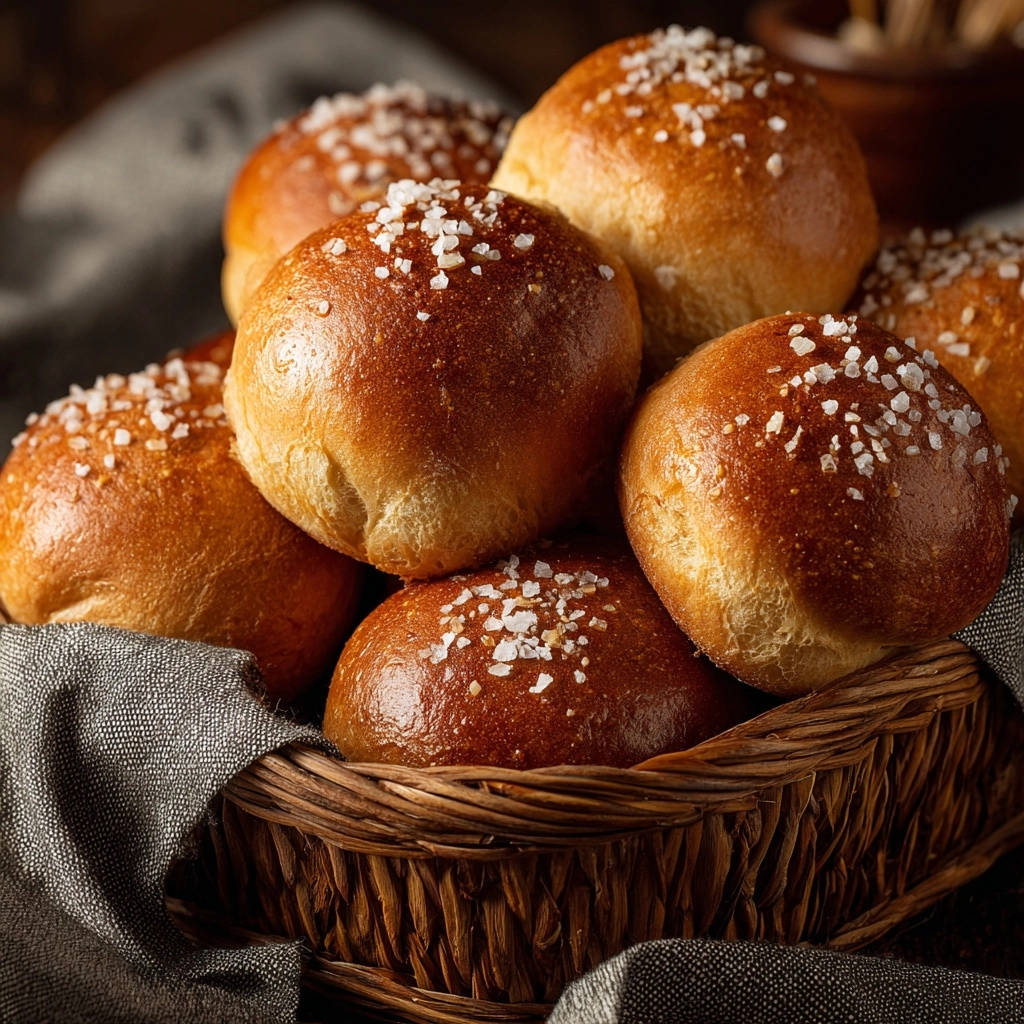 Fluffy golden dinner rolls generously sprinkled with coarse salt, artfully arranged in a rustic basket with a linen cloth.