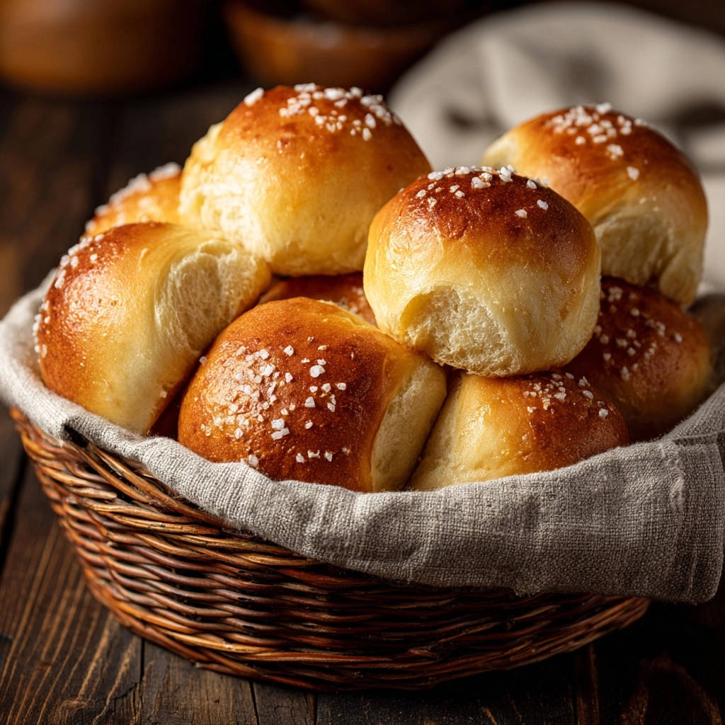 Fluffy golden dinner rolls topped with coarse salt, nestled in a rustic woven basket.