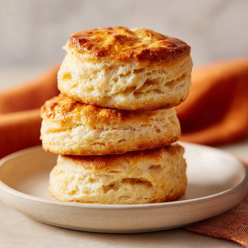 Fluffy layered biscuits stacked high in a close-up view, showcasing their golden-brown tops and flaky sides.