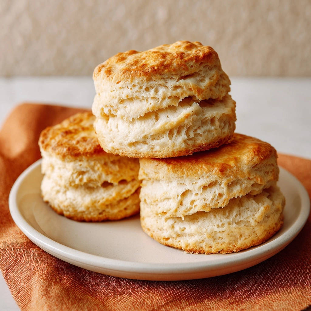 Fluffy layered biscuits stacked high on a plate, showcasing their golden-brown tops and flaky interior textures.