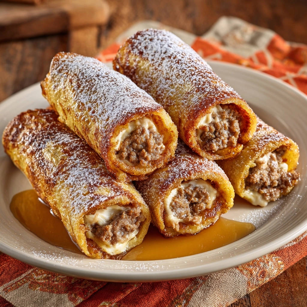 French toast rolls cross-section detail showing a creamy filling and savory meat inside a golden-brown coating.