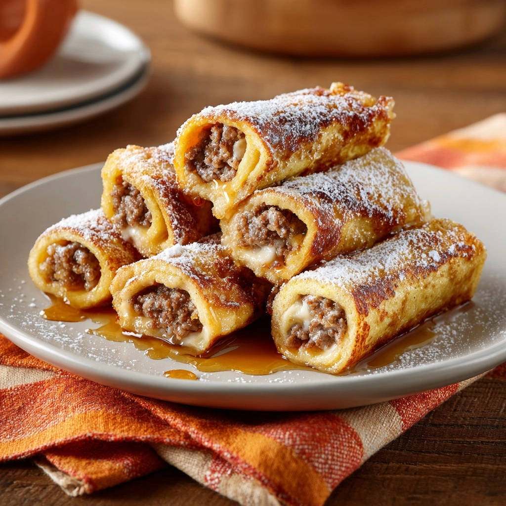 French toast rolls with a savory filling shown in a close-up cross-section, drizzled with syrup.