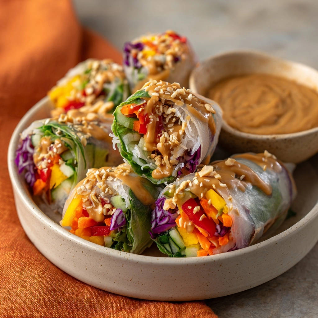 Fresh veggie spring rolls with a peanut sauce drizzle and chopped peanuts, showcasing the colorful vegetable filling.