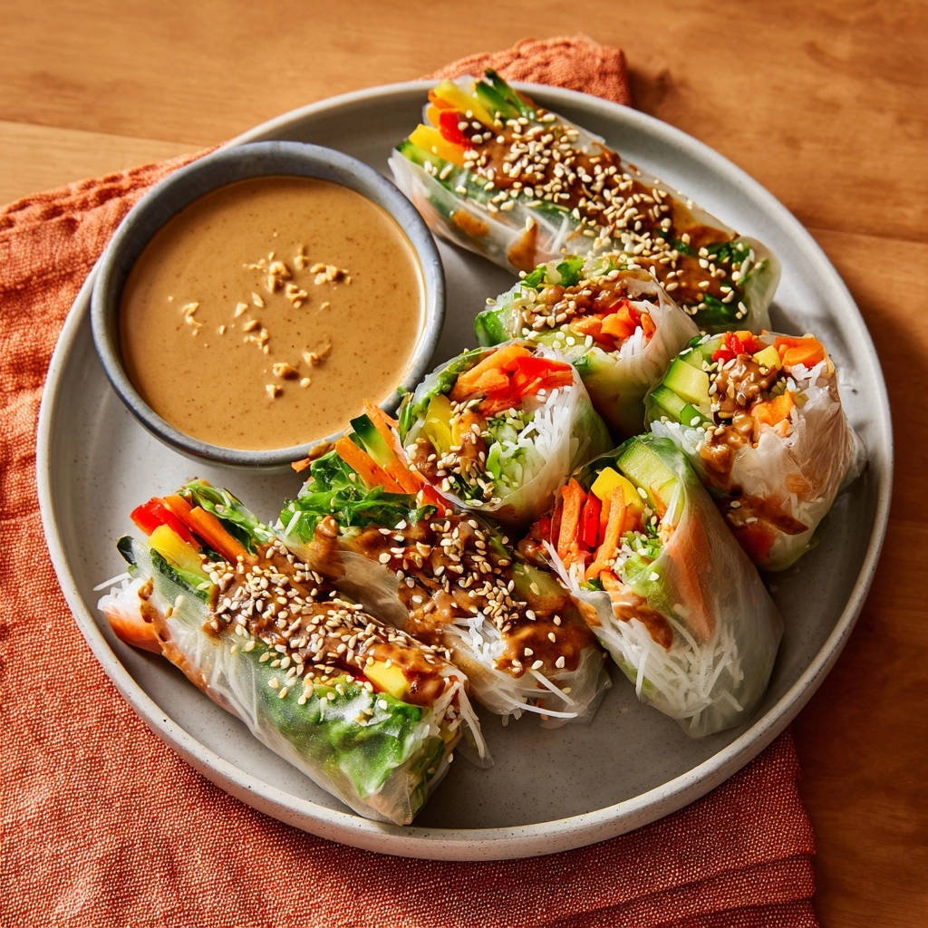 Fresh veggie spring rolls plated with a peanut dipping sauce and sesame seeds, showcasing the colorful filling.