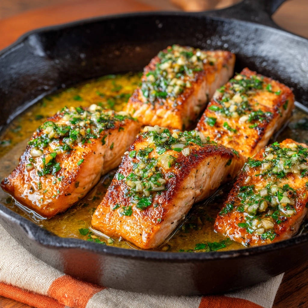 Garlic herb pan-seared salmon glistening in a cast iron skillet, showcasing a close-up view of its flaky texture.