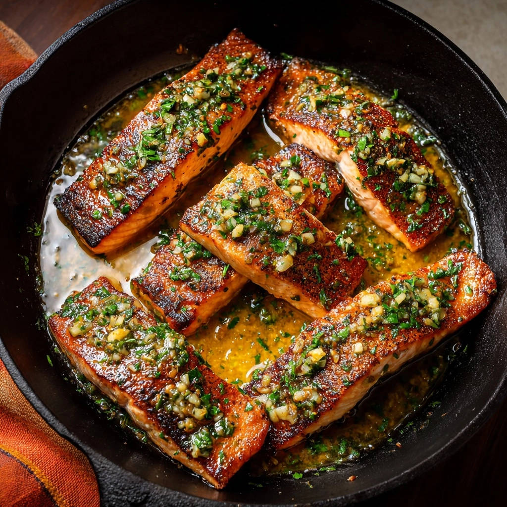 Garlic herb pan-seared salmon fillets sizzling in a cast-iron skillet with a buttery herb sauce.