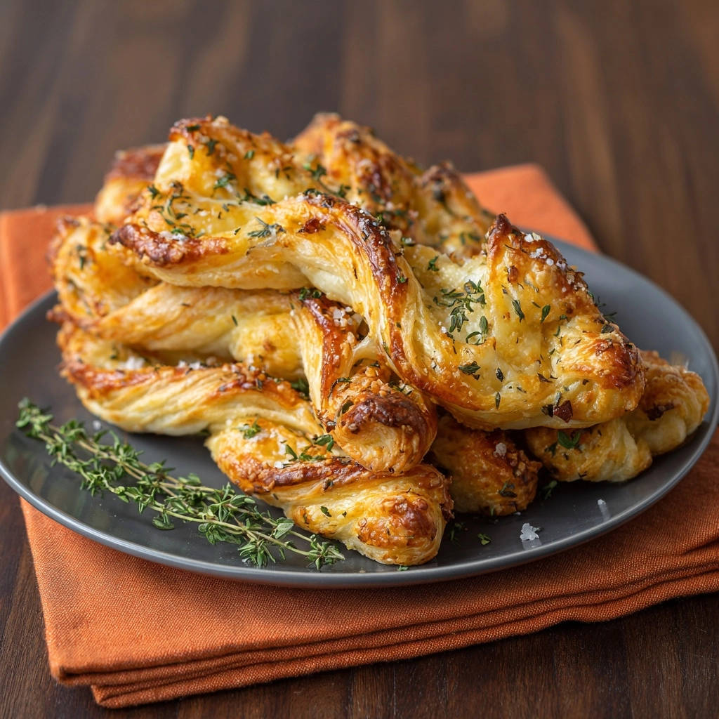 Easy Garlic Herb Puff Pastry Knots piled high on a gray plate with fresh thyme garnish.