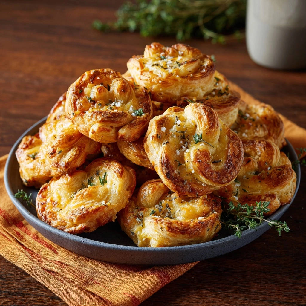 Easy garlic herb puff pastry knots stacked high on a dark plate, garnished with fresh thyme and coarse salt.