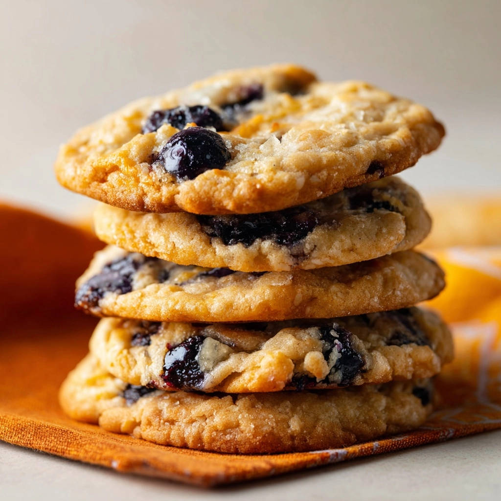 Glazed blueberry cookies, a stack of four soft and moist cookies with visible blueberries and a close-up view of their texture.