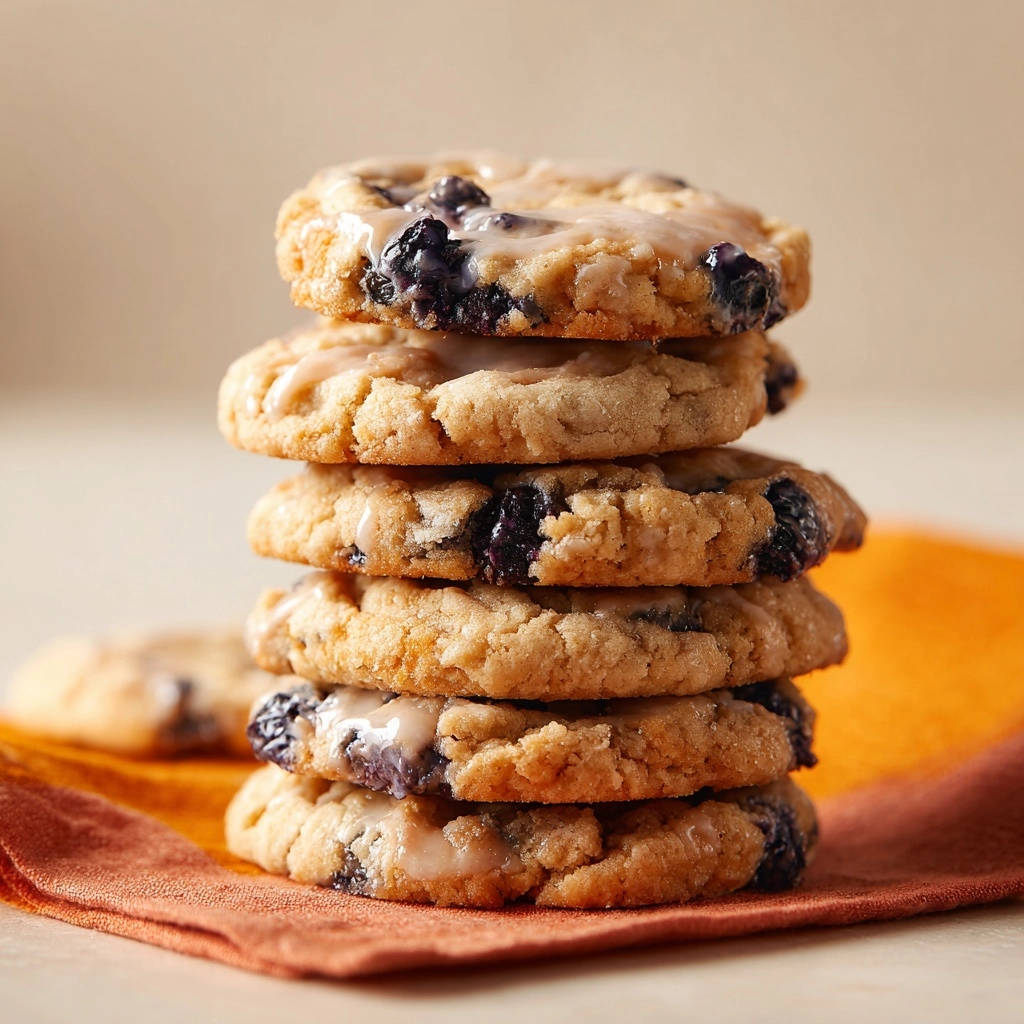 Glazed blueberry cookies stacked high on an orange napkin, showcasing their soft and moist texture.
