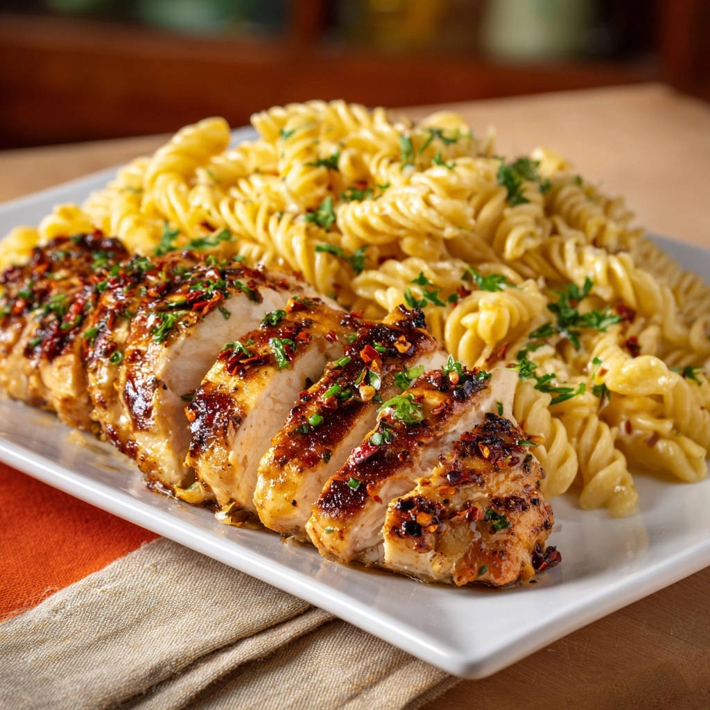 Glazed chicken and creamy rotini, featuring a close-up of the sliced chicken breast glistening with glaze.
