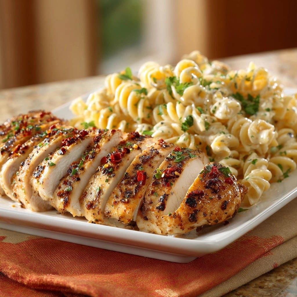 Glazed chicken and creamy rotini sliced and served on a white plate with a side of pasta.