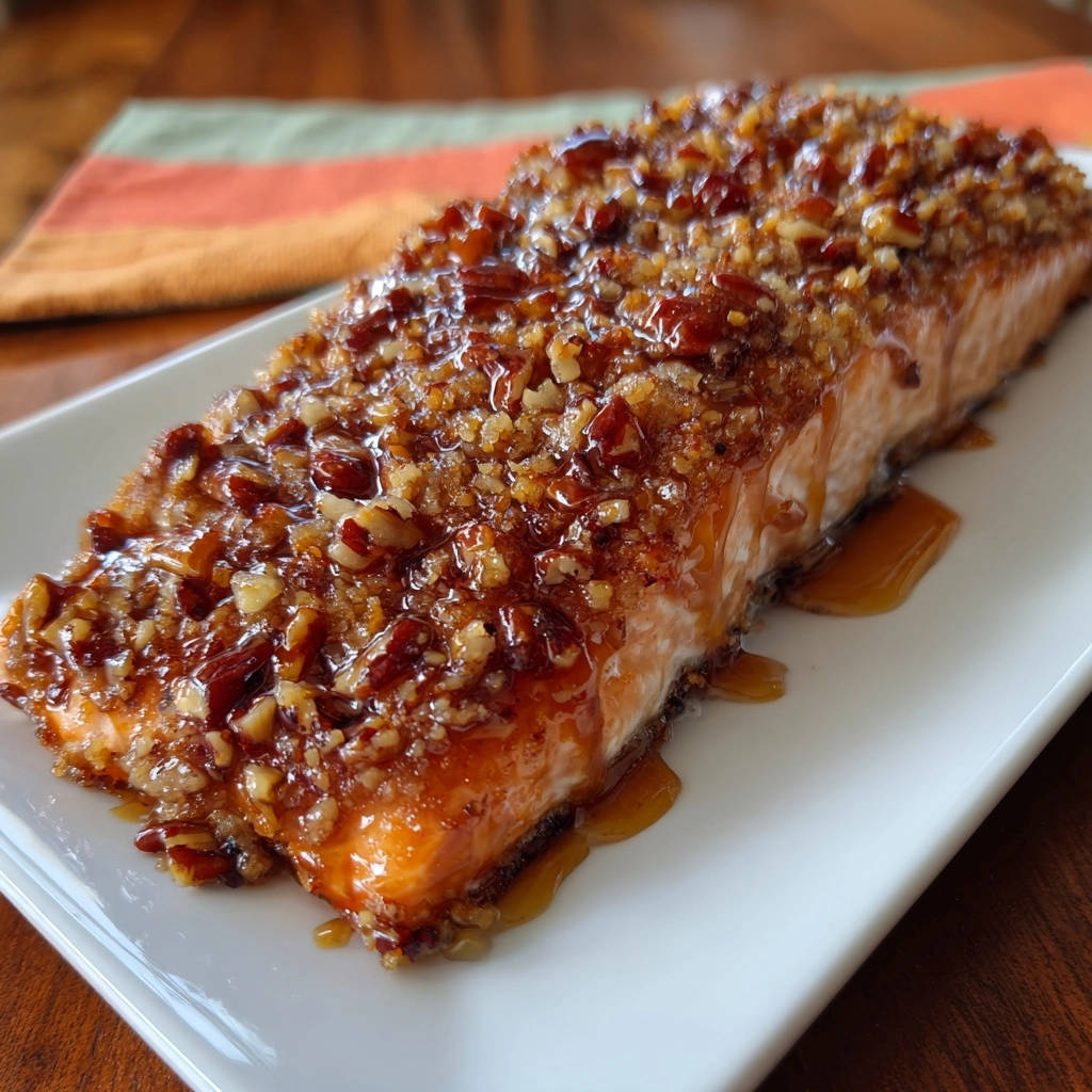 Glazed pecan salmon with a close-up view of the crunchy pecan topping and glossy glaze.
